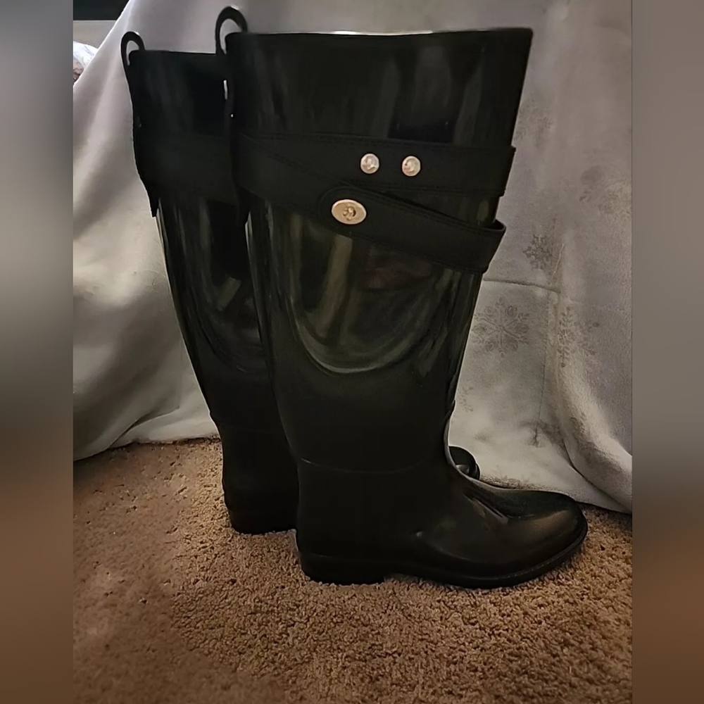 Coach Boots Tara Tall Black Gloss Rubber Rain Boots Size 8